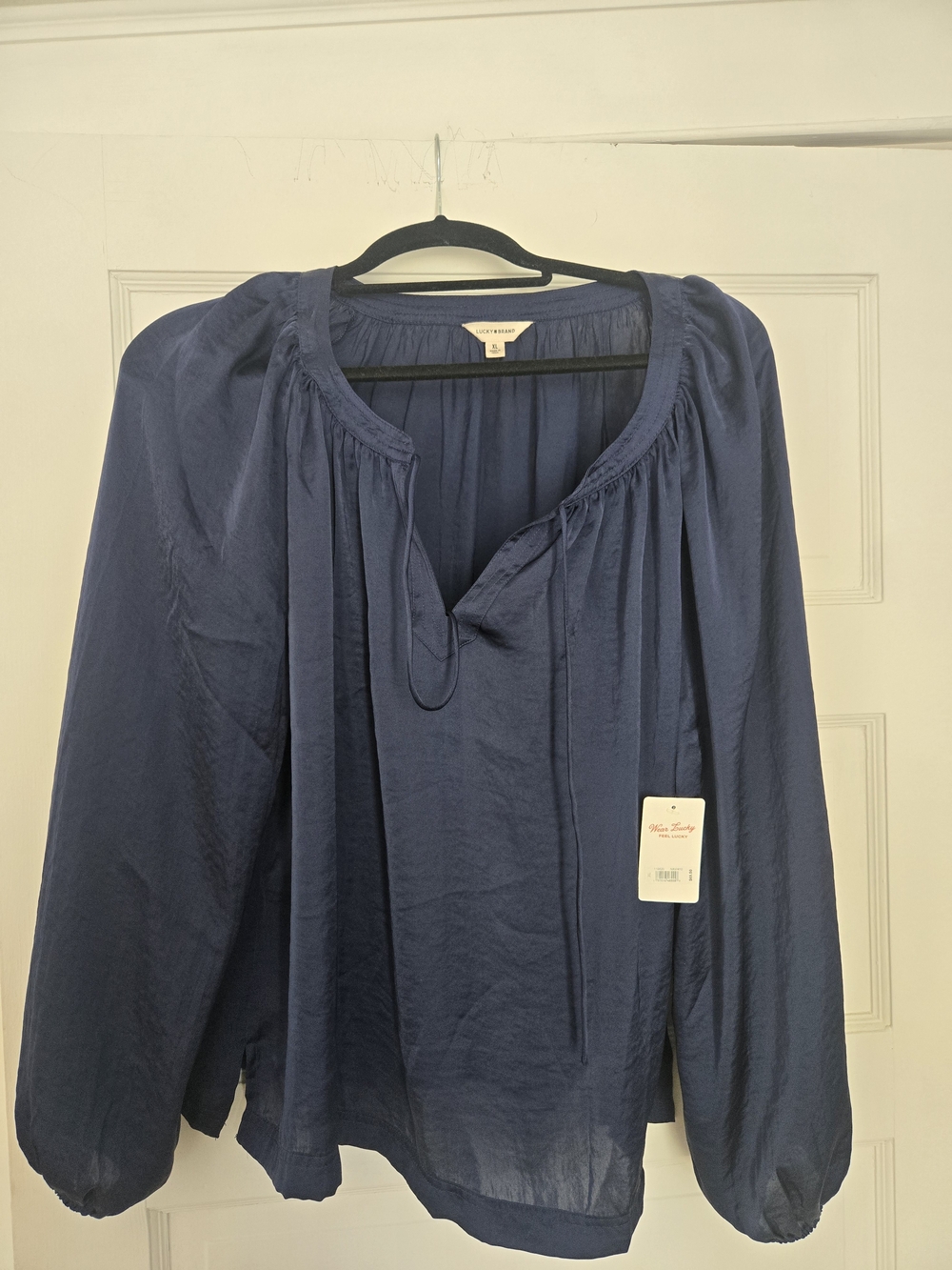 Lucky Brand Navy Peasant Top with Tie Neck